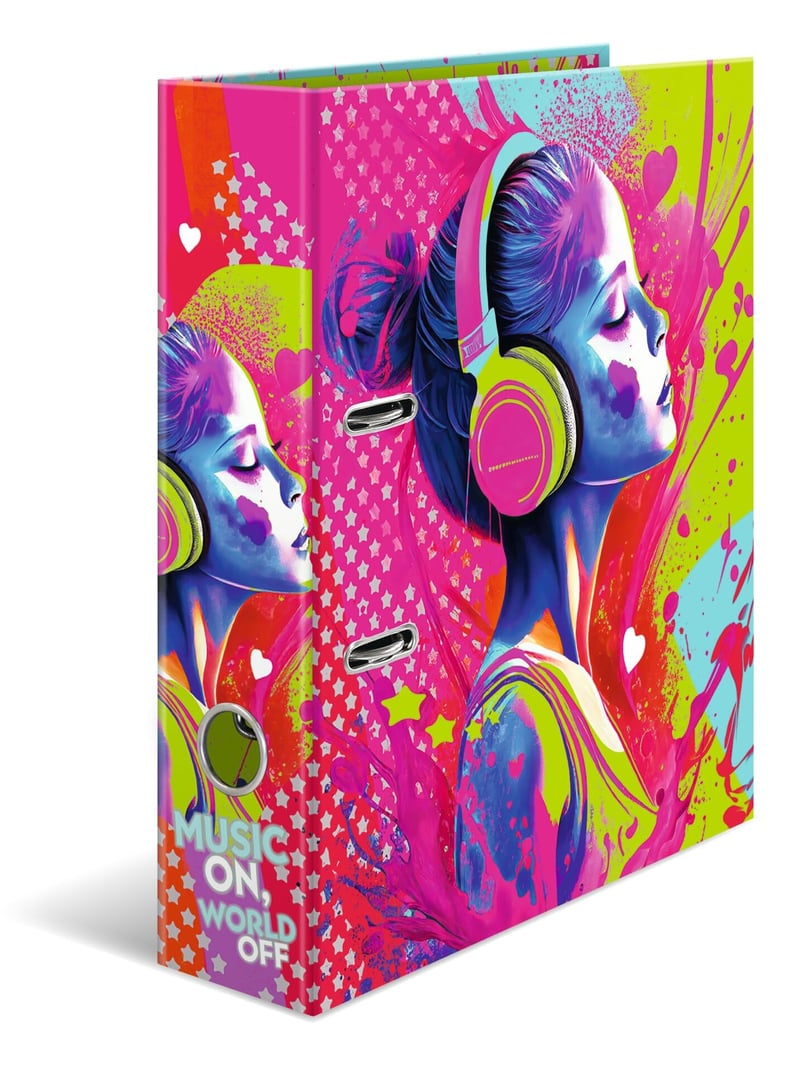 Zakladač na krúžky HERMA 20102 A4 s motívom Music Girl, šírka 7 cm, kartónový, s vnútornou potlačou, na školské a kancelárske použitie