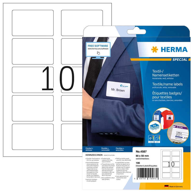 HERMA 4587 Menovky odnímateľné, 80x50 mm, 100 ks, biele samolepiace potlačiteľné menovky z acetátového hodvábu, 10 hárkov