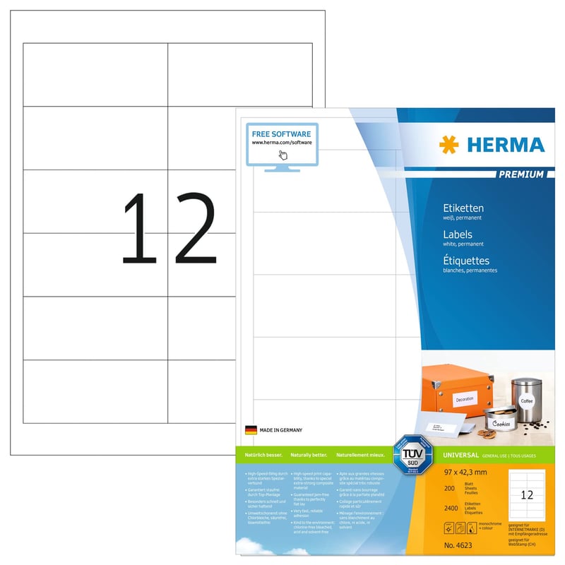 Univerzálne etikety HERMA 4623 A4 – biele, matné, 97x42,3 mm, 2400 ks