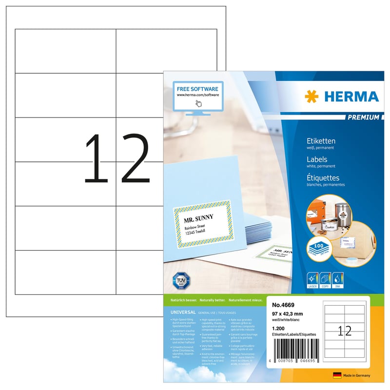 Samolepiace etikety HERMA 4669 Premium, biele, A4, 97x42,3 mm, matný papier, 1200 ks (12 ks/hárok)