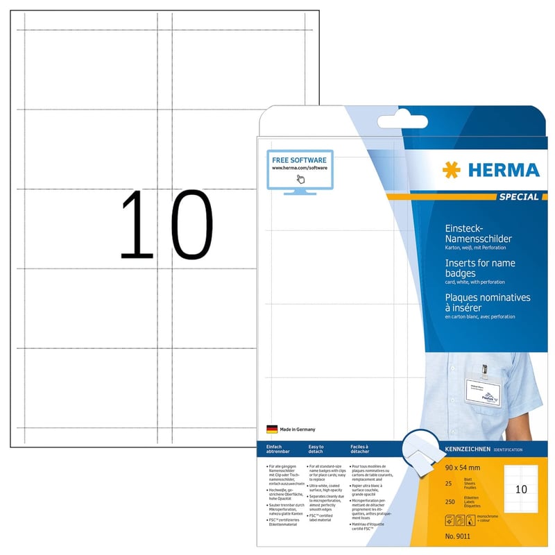 HERMA 9011 vkladacie štítky na menovky A4, 90x54 mm, biely kartón, perforované, nie sú samolepiace, 250 ks
