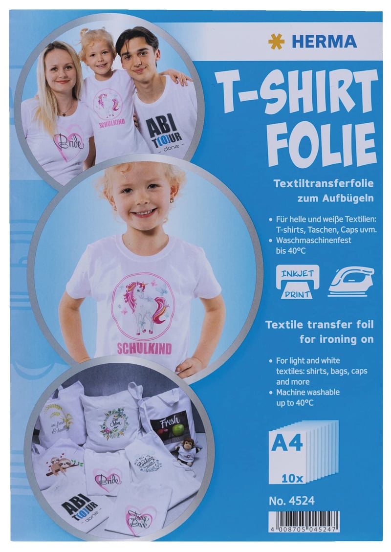 Nažehľovacia fólia HERMA Transferpapier na svetlý textil, A4, pre atramentové tlačiarne, 10 listov, na biele materiály, domáca potlač tričiek