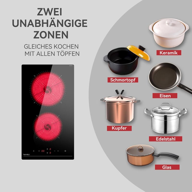 Hermitlux 2 égőfejes beépíthető elektromos főzőlap, 29 cm, 3300 W, érintésvezérlés