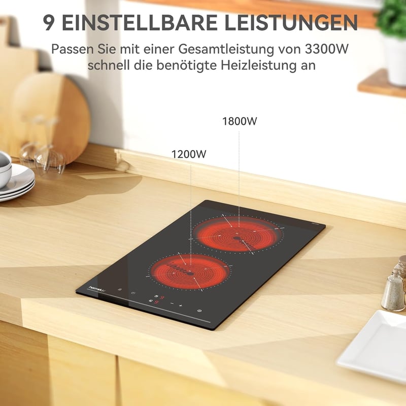 Hermitlux Beépíthető Kerámia Főzőlap - 29 cm Fekete Üveg, 2 Zónás, 3300W, Érintőszenzoros Vezérlés, Gyerekzár, Időzítő, Kompakt