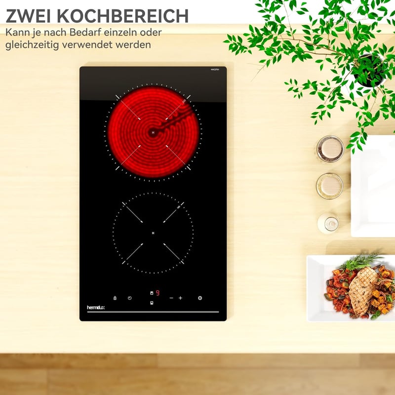 Hermitlux Beépíthető Kerámia Főzőlap - 29 cm Fekete Üveg, 2 Zónás, 3300W, Érintőszenzoros Vezérlés, Gyerekzár, Időzítő, Kompakt