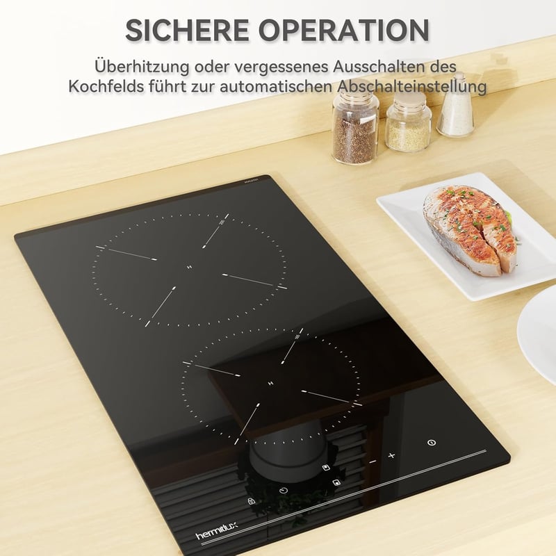Hermitlux Beépíthető Kerámia Főzőlap - 29 cm Fekete Üveg, 2 Zónás, 3300W, Érintőszenzoros Vezérlés, Gyerekzár, Időzítő, Kompakt
