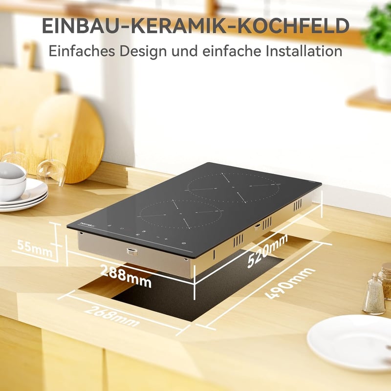 Hermitlux Beépíthető Kerámia Főzőlap - 29 cm Fekete Üveg, 2 Zónás, 3300W, Érintőszenzoros Vezérlés, Gyerekzár, Időzítő, Kompakt