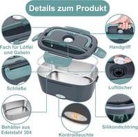 Herrfilk 80W Elektromos Ételmelegítő Doboz 2x1,5L Rozsdamentes Acél Ételtartóval, Hőszigetelt Táskával, 3in1 Feszültség, Autóba, Irodába 7