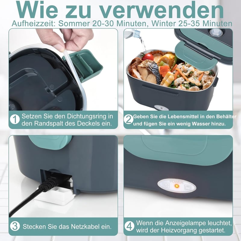 Herrfilk 80W Elektromos Ételmelegítő Doboz 2x1,5L Rozsdamentes Acél Ételtartóval, Hőszigetelt Táskával, 3in1 Feszültség, Autóba, Irodába