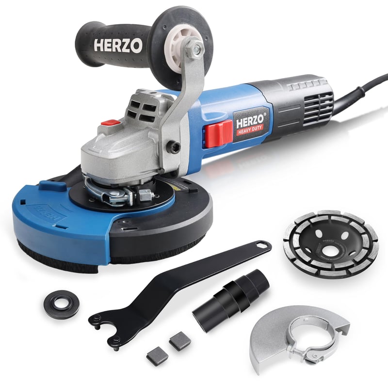 HERZO 1400W Betónová brúska a uhlová brúska s diamantovým brúsnym kotúčom a odsávacím krytom 125 mm s nastaviteľnými otáčkami