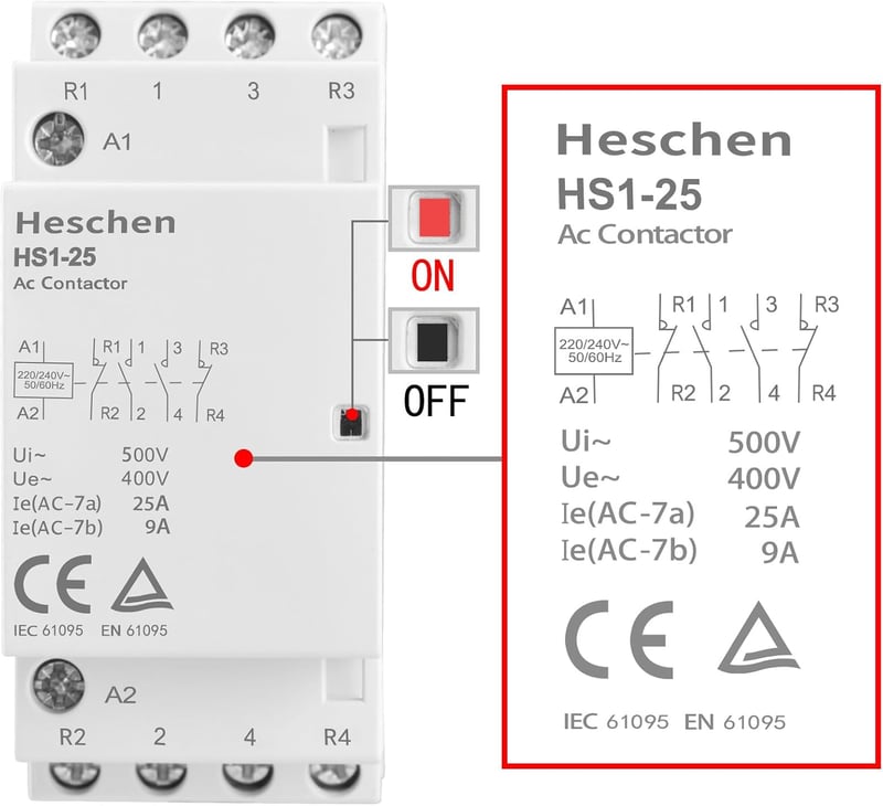Heschen AC Kontaktor HS1-25, 4 Pólusú 2NO 2NC, 220V/240V, 25A, 35mm DIN Sín Szerelés, Háztartási Váltóáramú Relé