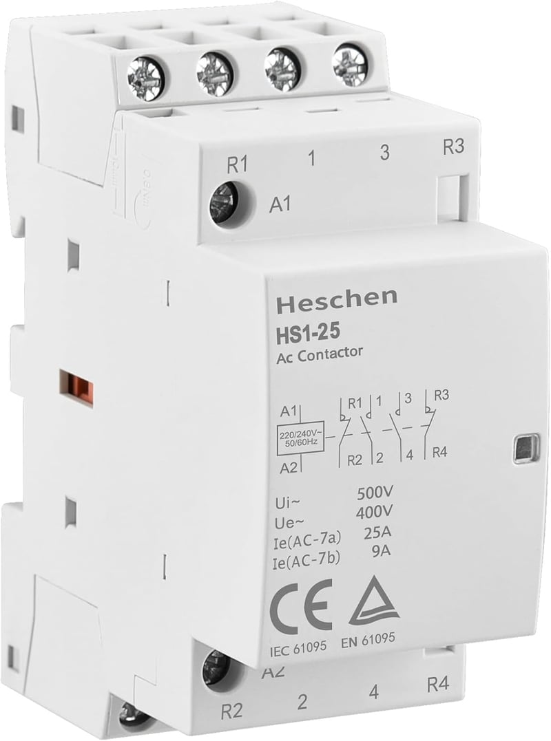 Heschen AC Kontaktor HS1-25, 4 Pólusú 2NO 2NC, 220V/240V, 25A, 35mm DIN Sín Szerelés, Háztartási Váltóáramú Relé