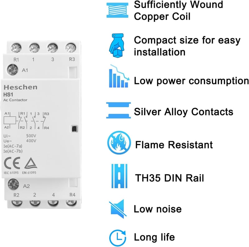 Heschen AC Kontaktor HS1-25, 4 Pólusú 2NO 2NC, 220V/240V, 25A, 35mm DIN Sín Szerelés, Háztartási Váltóáramú Relé