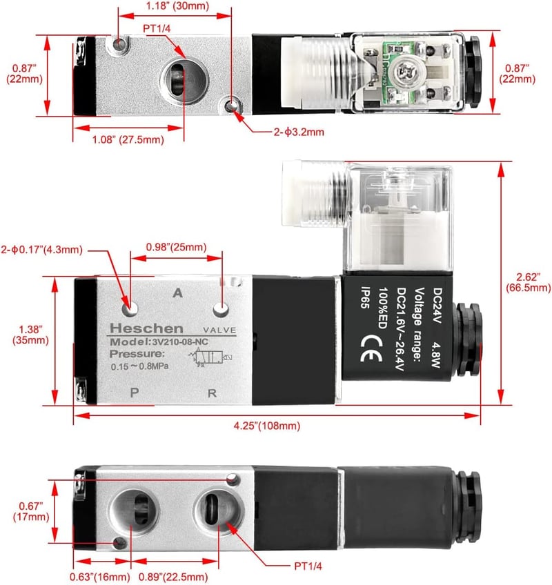 Heschen Elektromos Pneumatikus Mágnesszelep 3V210-08 24V DC 3/2 Utas PT1/4 Alumínium Ezüst-Fekete CE