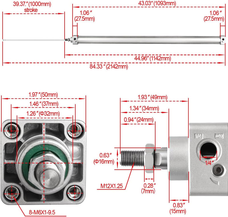 Heschen SC 40-1000 Pneumatikus Munkahenger, 40mm Átmérő, 1000mm Löket, Kétirányú Működés, PT1/4" Csatlakozó, M12x1.25 Dugattyú
