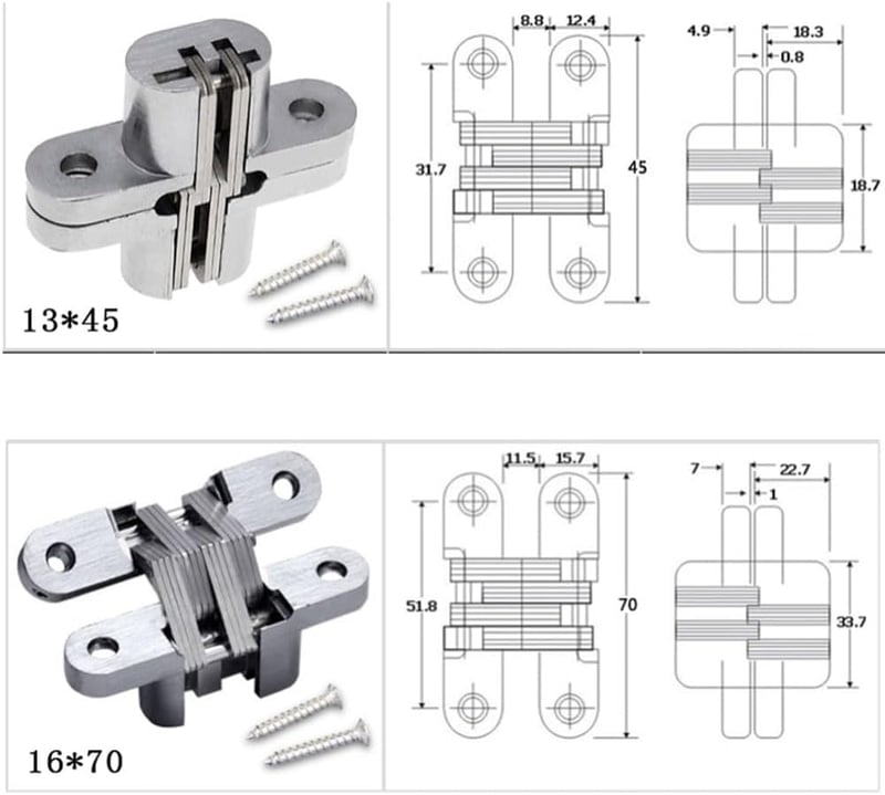 Heuskay 2 bucăți balama ascunsă pentru mobilă, balama invizibilă la 180 de grade, aliaj de zinc, 70 mm, pentru uși pliabile