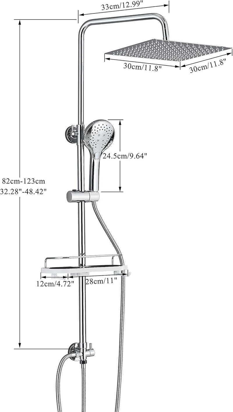 hevenaov Zuhanyrend Rozsdamentes Acél 30x30 cm Négyzet Zuhanyfej 3 Fokozat Kézi Zuhany Polcos Króm