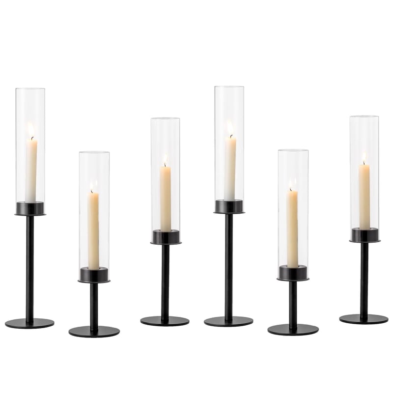 Set suporturi lumânări negre Hewory - 6 buc suporturi lumânări metalice cu cilindru de sticlă, fără bază, pentru decor de Crăciun, living, nuntă, sufragerie