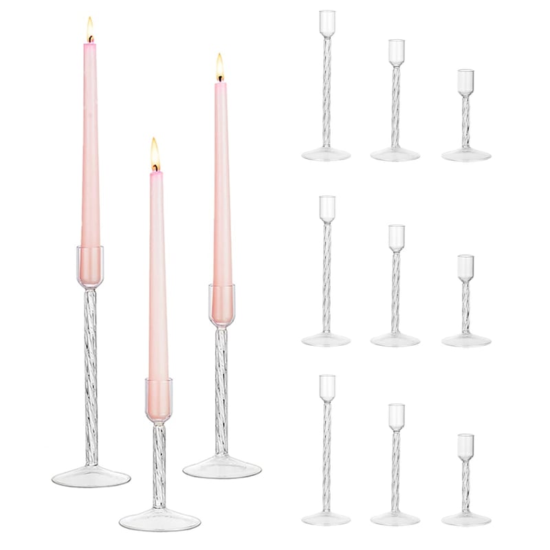 Set de Sfeșnice Hewory din Sticlă - 12 buc. Sfeșnice Înguste Transparente pentru Decor Nuntă, Ornament Vintage de Masă pentru Living, Sărbători de Crăciun