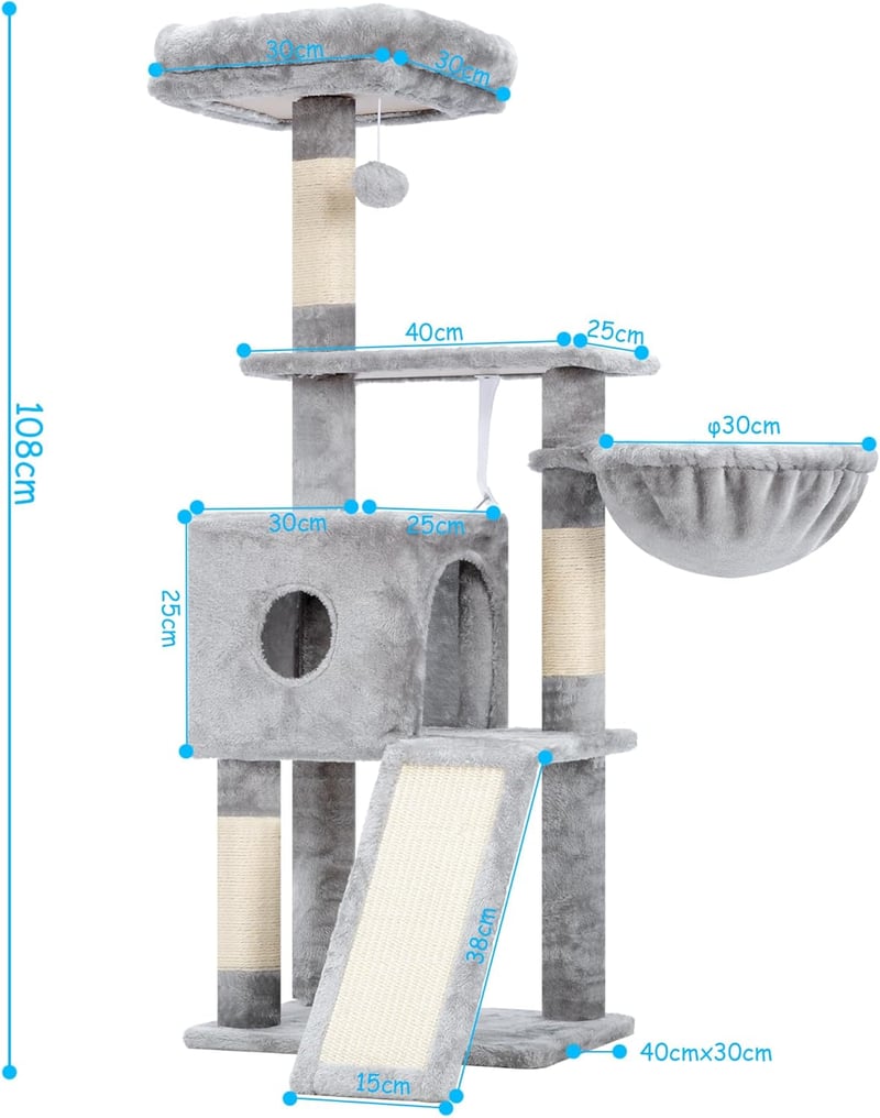 Hey-brother 108 cm macskakaparófa többszintű játékokkal, kosarral és függő játékokkal szürke