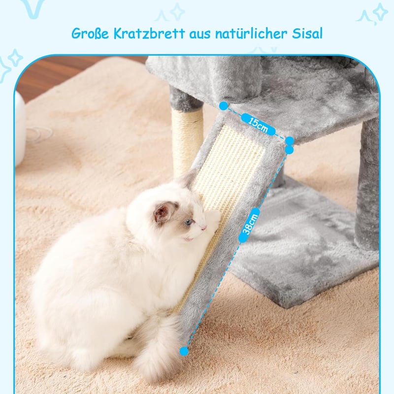 Hey-brother 108 cm macskakaparófa többszintű játékokkal, kosarral és függő játékokkal szürke