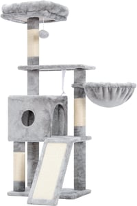 Hey-brother 108 cm macskakaparófa többszintű játékokkal, kosarral és függő játékokkal szürke 8