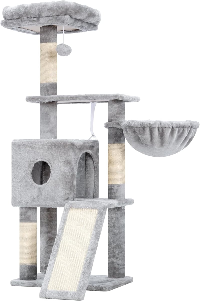 Hey-brother 108 cm macskakaparófa többszintű játékokkal, kosarral és függő játékokkal szürke