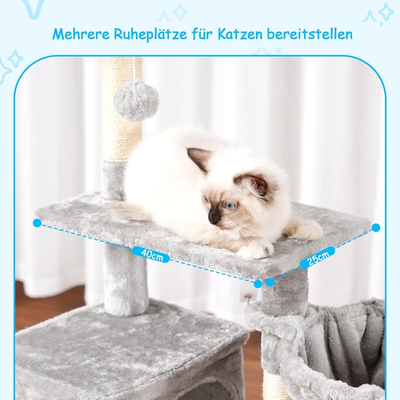 Hey-brother 108 cm macskakaparófa többszintű játékokkal, kosarral és függő játékokkal szürke
