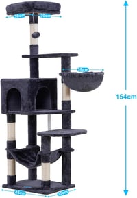 Hey-brother 154 cm Magas Macska Kaparófa - Stabil Sisalkötél Borítással, Függőággyal, Kosárral és Házikóval, Füstszürke 3