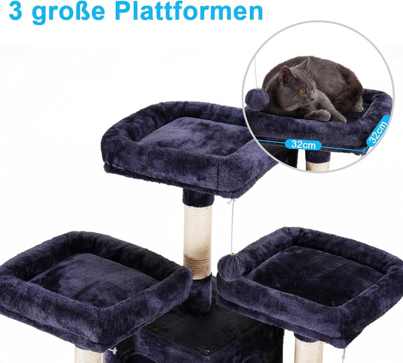 Hey-brother 180 cm XXL macskakarcsoló, szürke, sisal kötéllel, 3 platformmal és 2 házikóval