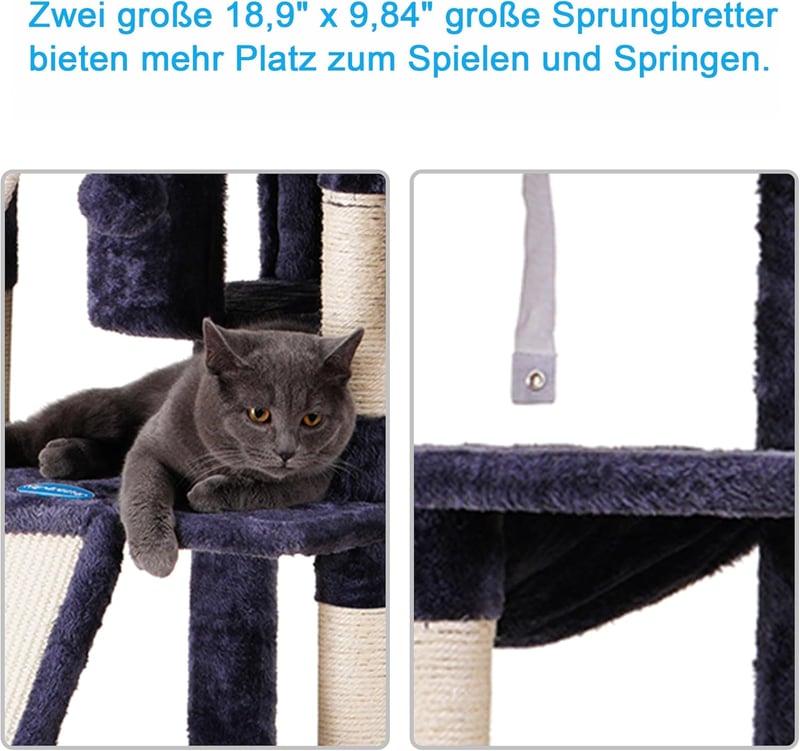 Hey-brother 180 cm XXL macskakarcsoló, szürke, sisal kötéllel, 3 platformmal és 2 házikóval