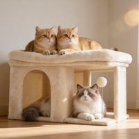 Stâlp de zgâriat pentru pisici Heybly HCT203SM, 35 cm înălțime, cu pat de odihnă mare, căsuță confortabilă, stâlp de zgâriat și minge de pluș, bej 2