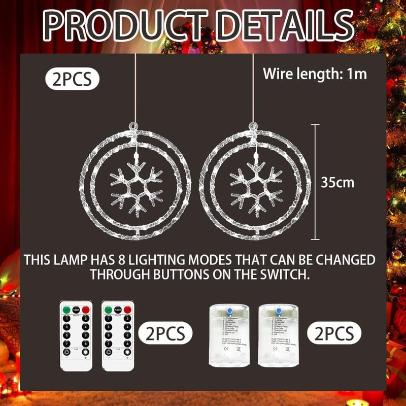 HEYIDAMAI Hópehely Ablakdísz LED Fényfüzér - 2 db Karácsonyi Világítás 8 Fényjátékkal, Távirányítóval, USB és Elemes Működés