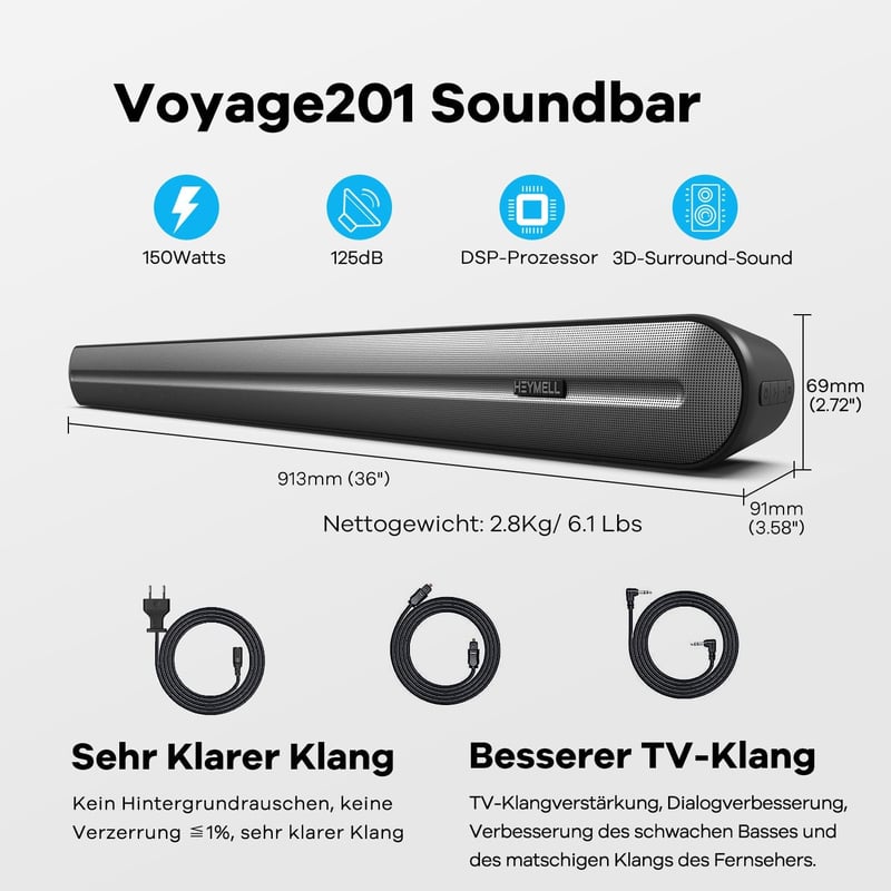 Heymell 150W Soundbar Beépített Mélynyomóval - Zajmentes Tiszta Hangzás, DSP, 3D, Bluetooth 5.0, HDMI ARC, Optikai Csatlakozás, 8 Hangmód TV