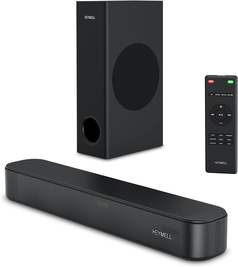Heymell 2.1CH 160W Soundbar TV-hez Mélynyomóval - Erőteljes Basszus, Kristálytiszta Hang, 9 Hangmód, HDMI ARC, Bluetooth 5.0, Fali Rögzíthet