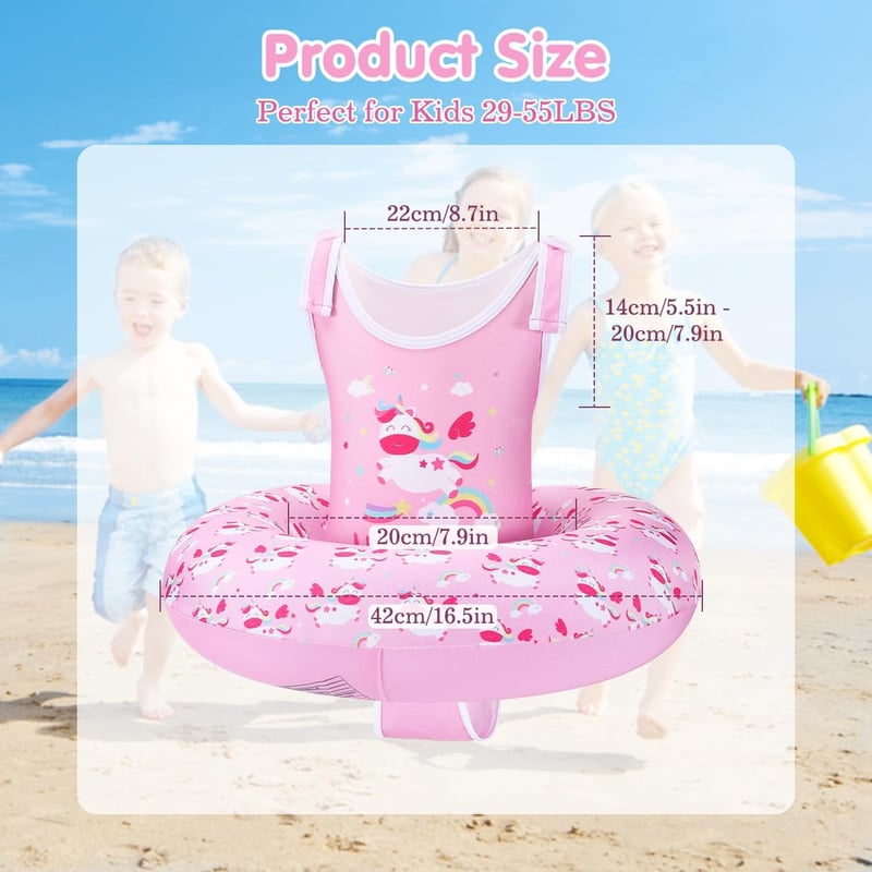 HeySplash Gyerek Úszómellény 3-6 Éveseknek, Állítható Vállpánt, Úszástanuló Segédeszköz 13-25 kg, Rózsaszín Unikornis Mintás
