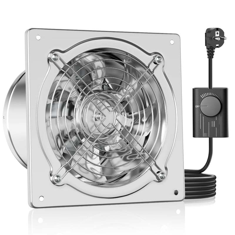 HG Power 200 mm-es odsávací ventilátor, 980 m³/h, so spätnou klapkou, s EU zástrčkou, do kuchyne, kúpeľne, garáže, pivnice - strieborný