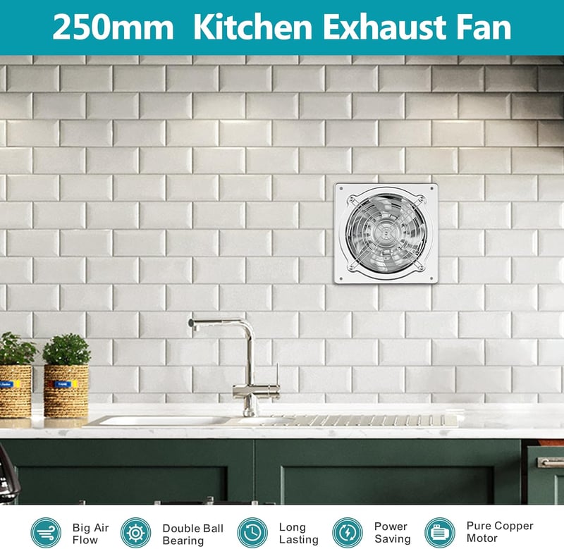 HG Power 250mm Ventilátor 1680 m³/h Csendes Fürdőszoba Konyha Garázs Visszacsapó Szelep