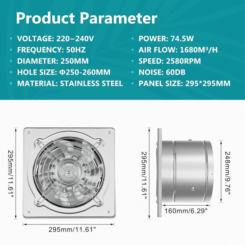 HG Power 250mm Ventilátor 1680 m³/h Csendes Fürdőszoba Konyha Garázs Visszacsapó Szelep