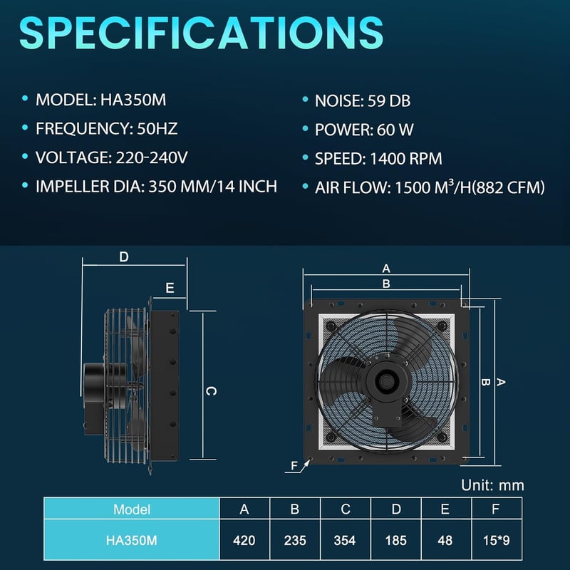 HG Power 350 mm ipari fali elszívó ventilátor 1500 m3/h sebességszabályzóval rácsos szűrővel alumínium ablakventilátor EU csatlakozóval