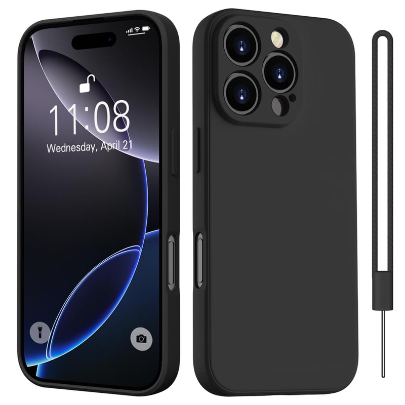 Silikónový kryt HGH pre iPhone 16 Pro s remienkom na krk, tenká celoplošná ochrana s podšívkou z mikrovlákna, ochranné puzdro odolné proti poškriabaniu, 6,3 palca, čierny