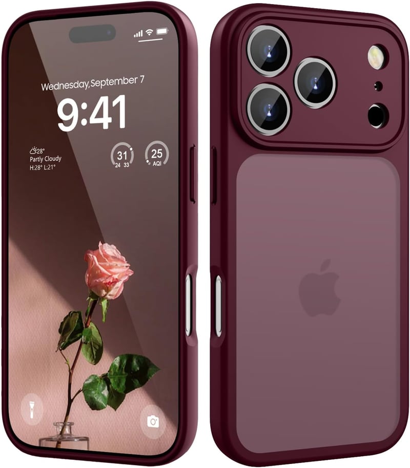 HGH iPhone 17 Pro ütésálló tok teljes kameravédelemmel, matt áttetsző hátlap - sötétvörös