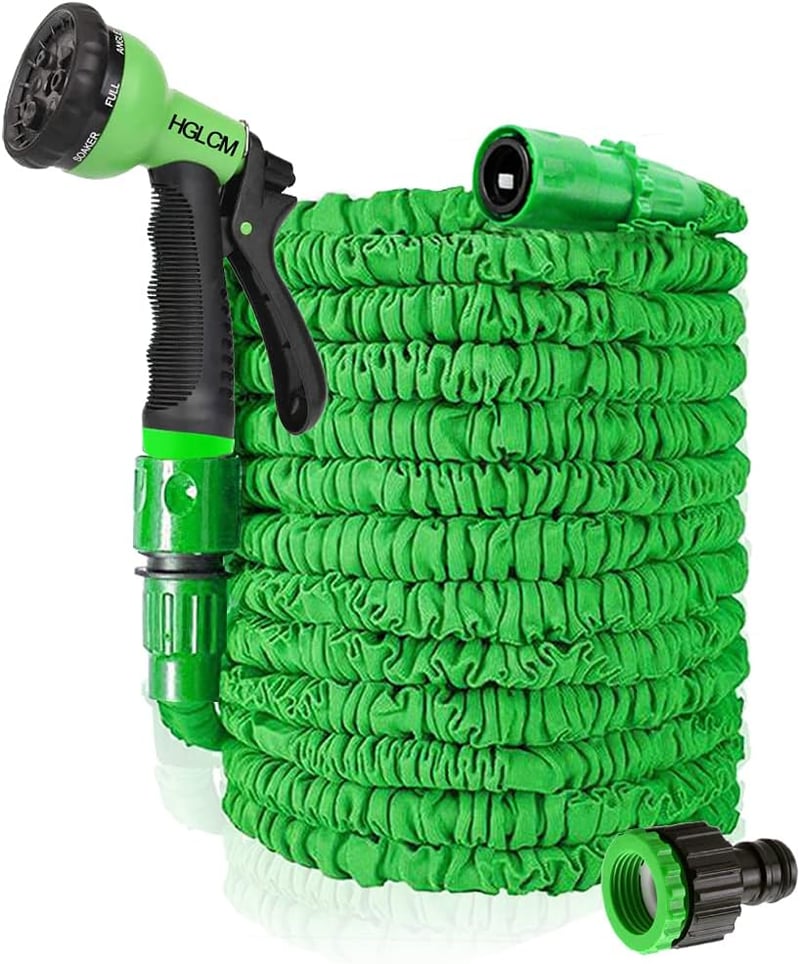 HGLCM Bővíthető Kerti Locsolótömlő 8-Funkciós Szórópisztollyal - 15m Zöld Flexibilis Magic Hose, Szivárgásmentes, Könnyű Tárolás
