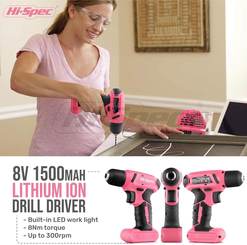 Hi-Spec 8V Akkus Fúró Szerszámkészlet Otthoni Javításhoz - 58-tlg, Pink-58 Pieces