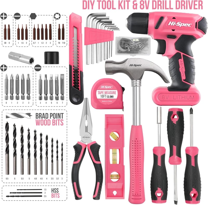 Hi-Spec 8V Akkus Fúró Szerszámkészlet Otthoni Javításhoz - 58-tlg, Pink-58 Pieces