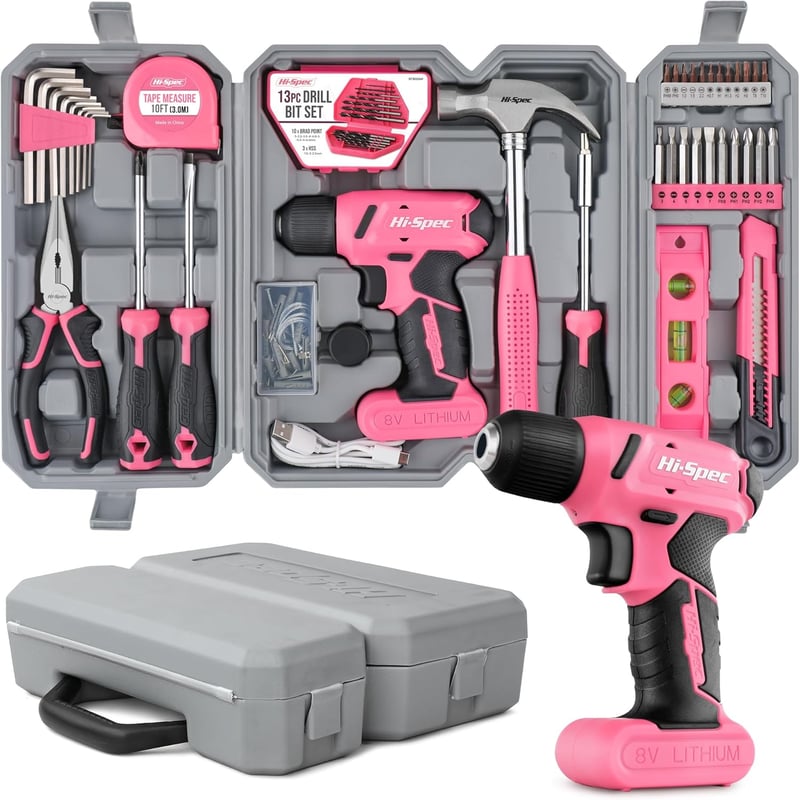 Hi-Spec 8V Akkus Fúró Szerszámkészlet Otthoni Javításhoz - 58-tlg, Pink-58 Pieces