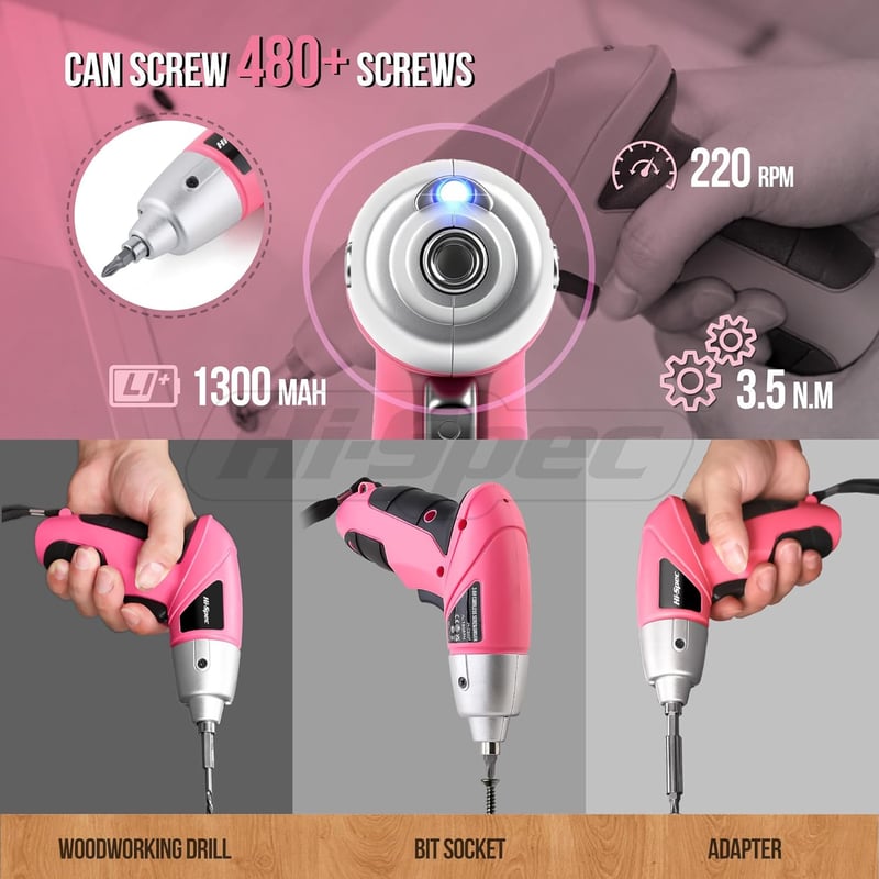 Hi-Spec Akkumulátoros Csavarhúzó Rózsaszín 3.6V Lítium-ion Bit Készlettel 180 RPM Vezeték Nélküli Elektromos Csavarozó