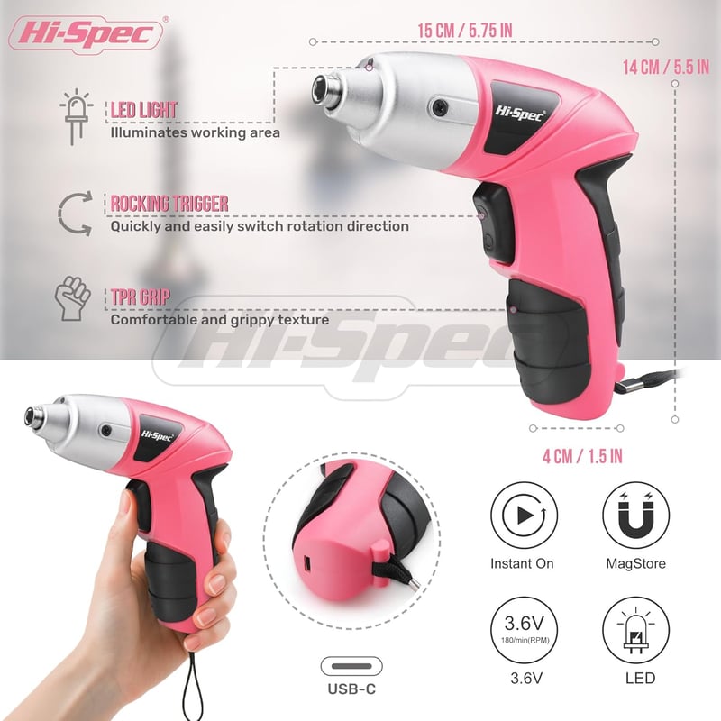 Hi-Spec Akkumulátoros Csavarhúzó Rózsaszín 3.6V Lítium-ion Bit Készlettel 180 RPM Vezeték Nélküli Elektromos Csavarozó