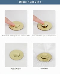 Univerzálna vyskakovacia (pop-up) umývadlová zátka Hibbent (25-46 mm) so sitkom, mosadz, stláčacia – brúsené zlato 4