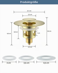Univerzálna vyskakovacia (pop-up) umývadlová zátka Hibbent (25-46 mm) so sitkom, mosadz, stláčacia – brúsené zlato 2